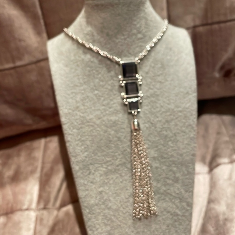 Mirrored Tassel Necklace Silvertone Fringe Rope Chain 27” 5” Pendant